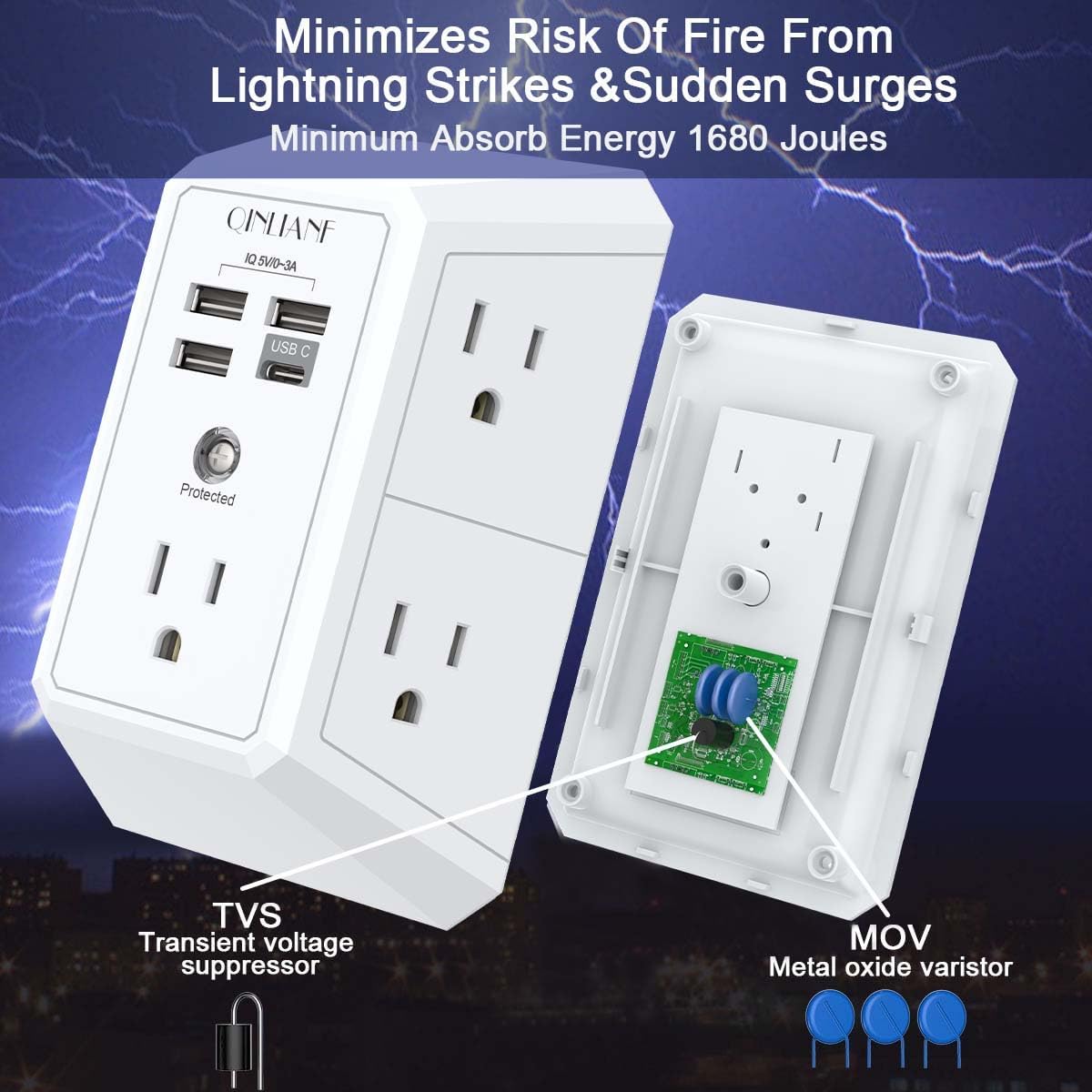 Wall Charger, Surge Protector, QINLIANF 5 Outlet Extender with 4 USB Charging Ports, 3-Sided 1680J Power Strip Multi Plug Adapter Spaced for Home Travel Office