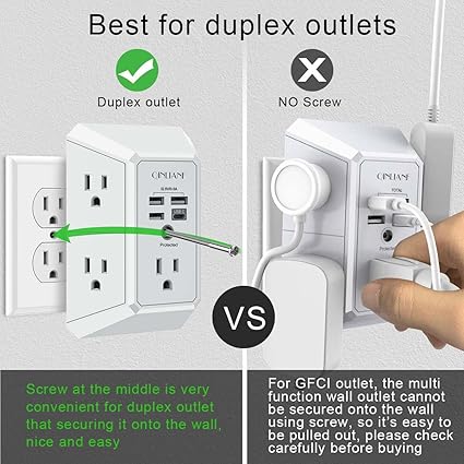 Wall Charger, Surge Protector, QINLIANF 5 Outlet Extender with 4 USB Charging Ports, 3-Sided 1680J Power Strip Multi Plug Adapter Spaced for Home Travel Office
